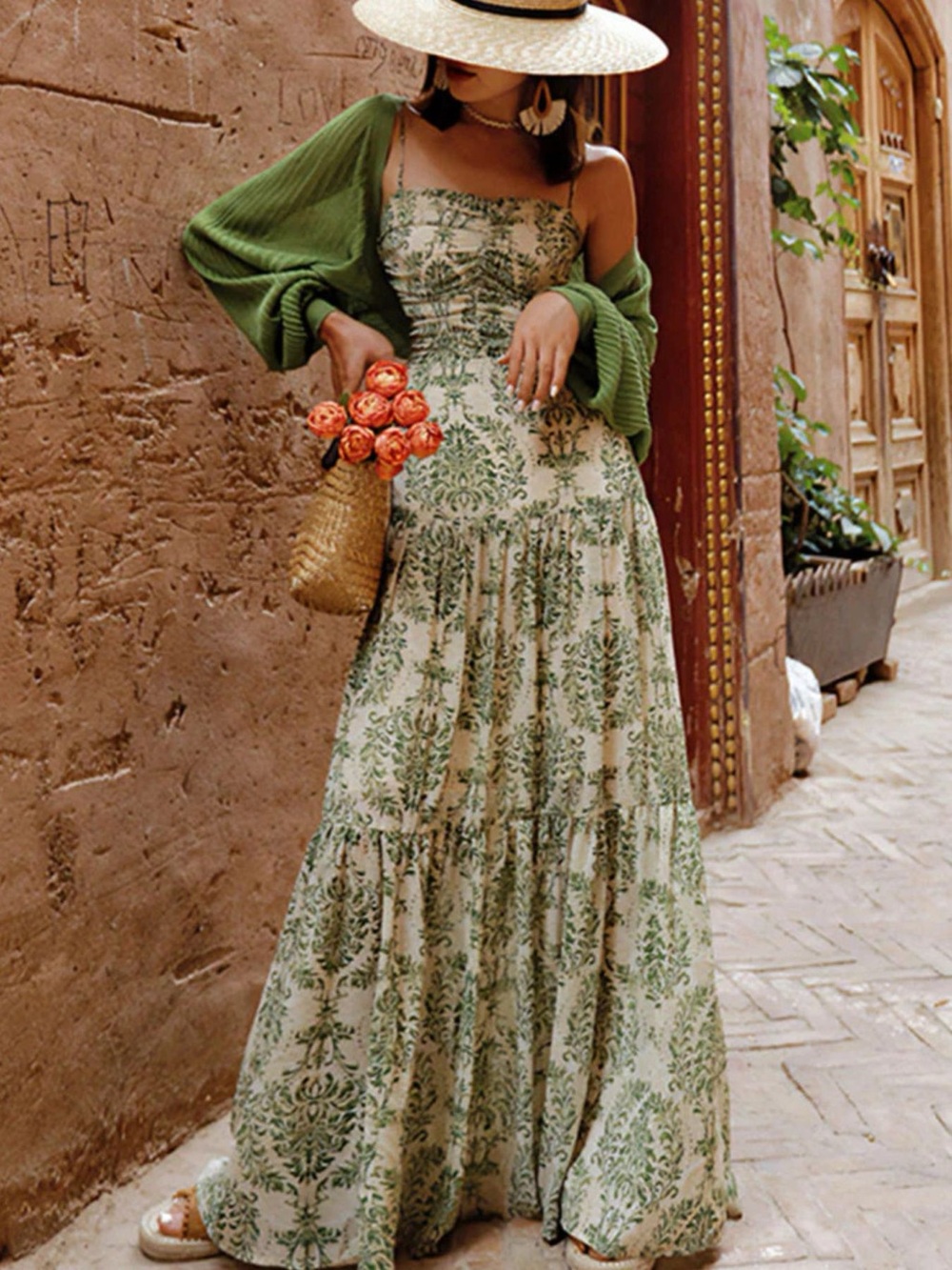 Cutout Back Printed Spaghetti Strap Tiered Maxi Dress